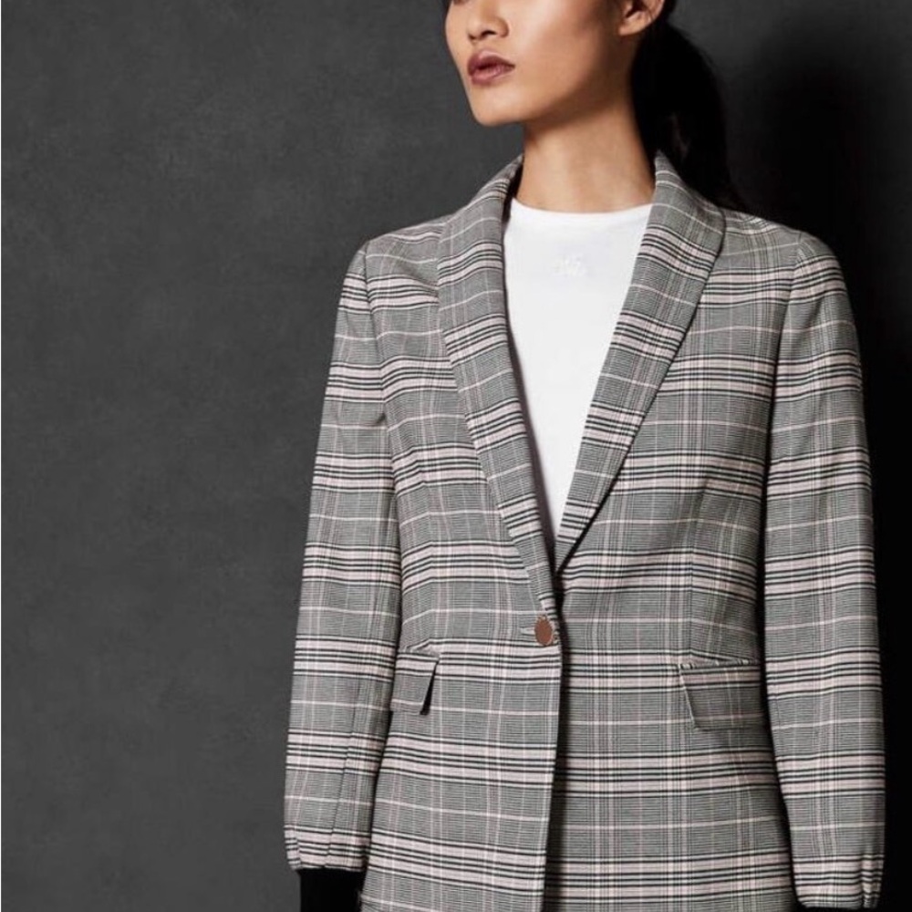 Ted Baker Women's Gray and Pink Kimm cuff Plaid Single-Button Blazer
